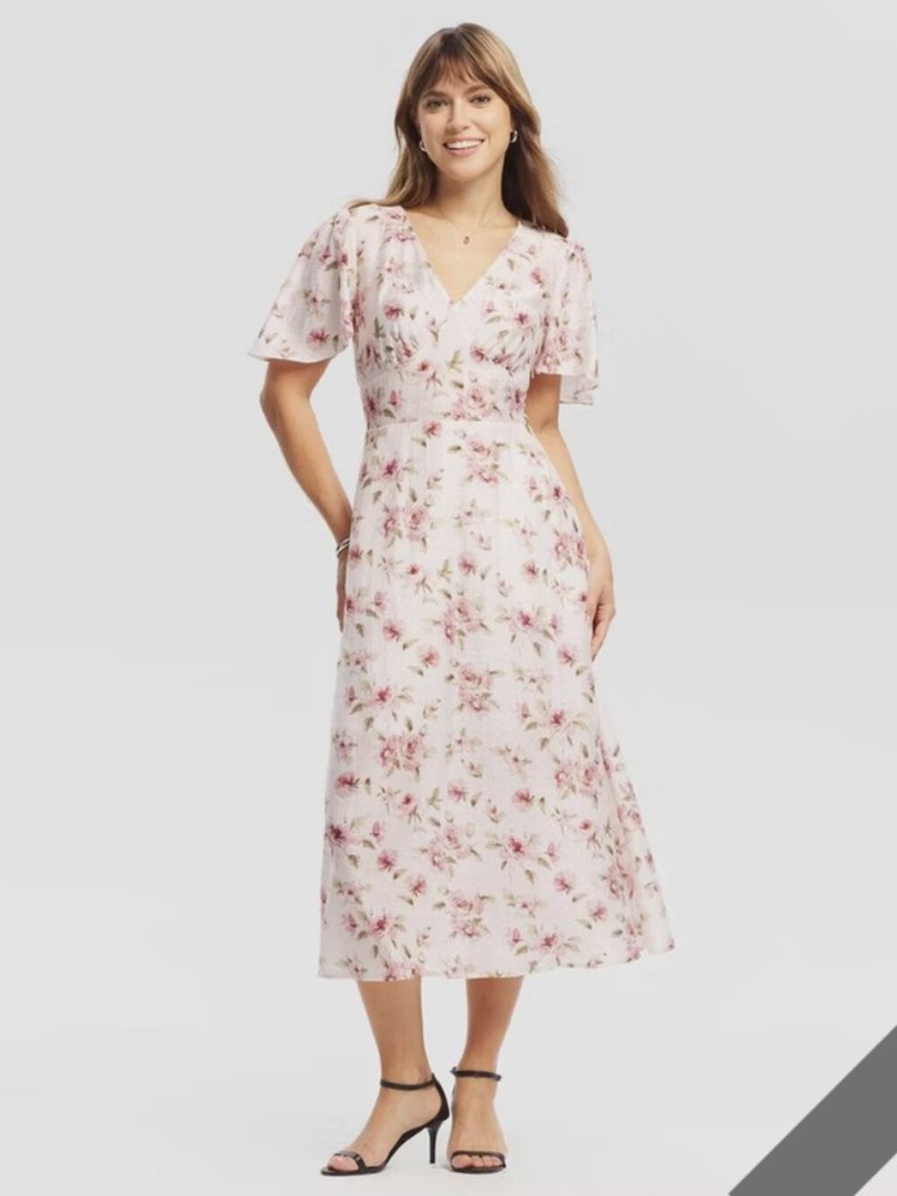 Women's Flutter Short Sleeve Midi Dress - A New Day Light Pink Floral M: Cottage